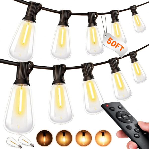 TECPHILE – ST38 50ft Outdoor String Lights Waterproof & Dimmable Bulbs